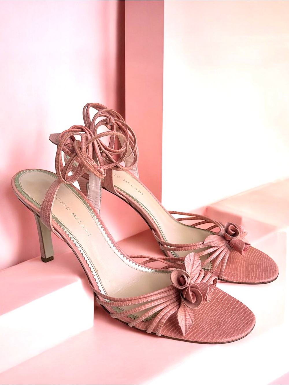 Antonio Melani Pink Strappy Sandal Lizard Embossed Leather